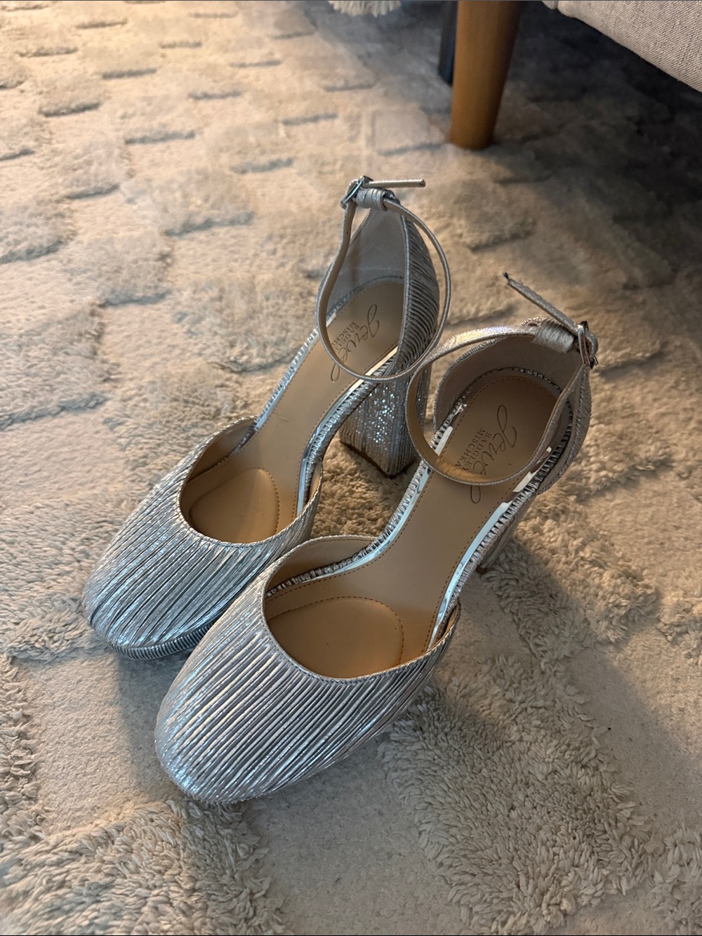 Jewel Badgley Mischka Silver Metallic Ankle-Strap Block Heels